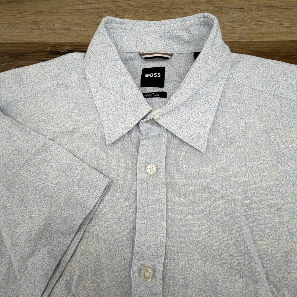 BOSS Hugo 100% Linen Sz M Slim Fit S/S Shirt White Blue Floral Button Up